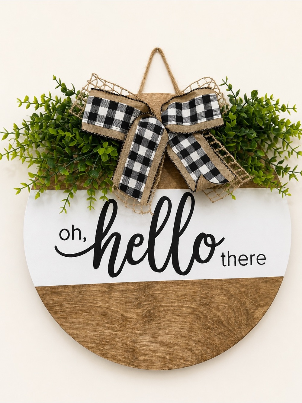 Hello There Round Home Holiday Welcome Sign - Black, White & Natural